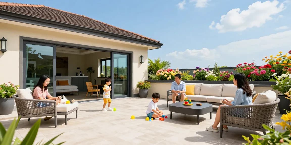 Freistehende Terrassenüberdachung im Garten mit Familie, die die Sonne genießt.