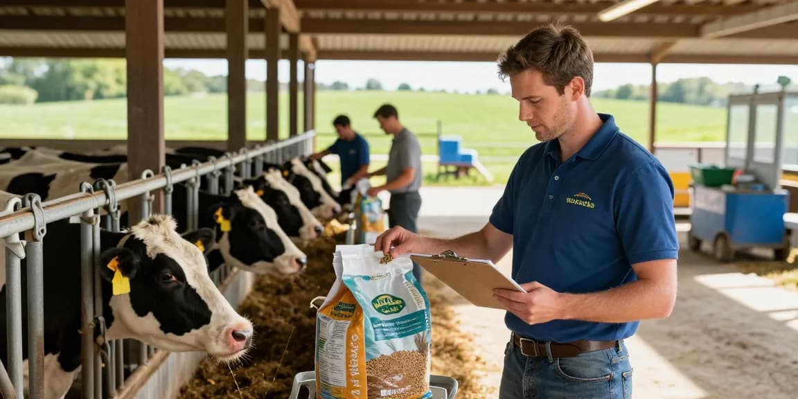 Dedicated livestock nutritionist examining ROKOK88 feed in a sunny barn with healthy animals.