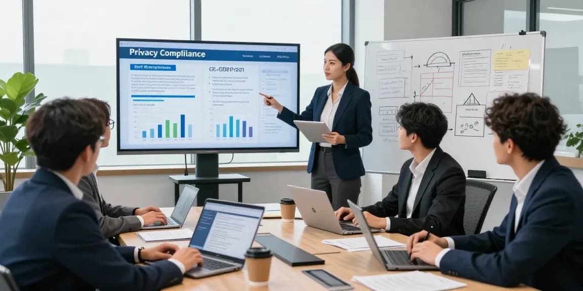 Focused teamwork session on Datenschutz Dienstleistung at a modern office with data analytics and compliance metrics.