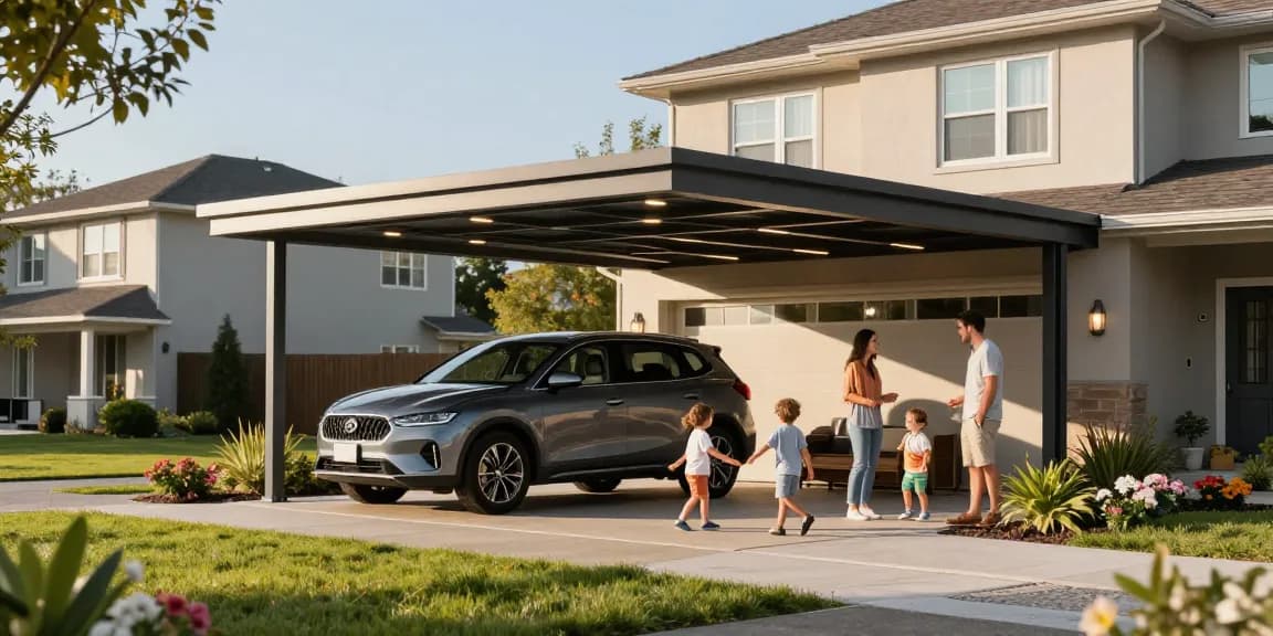 Moderne Carport-Lösung in einer Wohngegend mit Familie, die Zeit im Freien verbringt.
